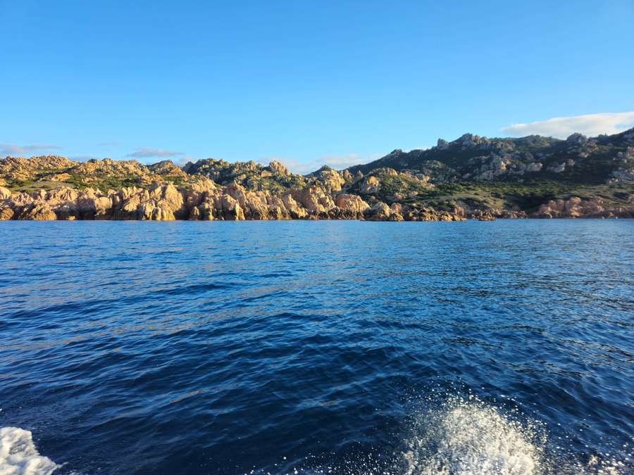 Costa di rocce chiare e macchia, vista dal gommone in navigazione